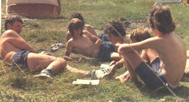 The PATROL LEADERS COUNCIL have one of thier more relaxed meetings on the 1974 annual camp on the river Barrow