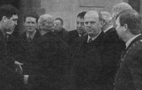 Fine Gael leader Michael Noonan TD, pictured at the funeral of the late Clr. Charlie Bennett in Ardara, also in picture is John McConnell, Chairman Donegal Co GAA Board.