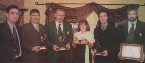 Members of the Ardara GAA Club who won a host of awards at the Donegal GAA Banquet. l-r. John McConnell, GAA Co.Chairman, Martin Gavigan, centre half back, Anthony Molloy, midfield, Democrat Team of the Millennium, Mary Kelly, Communications Award, Damien Diver, Footballer of the Year and Stephen McCahill, pictured with the Club of the Year Award.