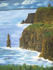 Painting of the magnificent Cliffs of
Moher. The mighty barrier wall of these cliffs,
stretching for over ten miles and rising sheer to 
over 650 feet, marks the edge of The Burren, County 
Clare. Nearby is Aill na Searrach (called 'Aileens'
by the surfers), where one of Ireland's best surfing 
waves can produce a 15 second, 30 foot tube. In the
distance can be seen the Aran Islands, or maybe even
the legendary Tir na nOg, the Land of the Ever
Young!