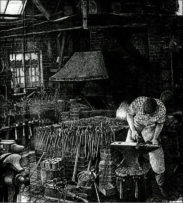A Bl;acksmith working in his forge