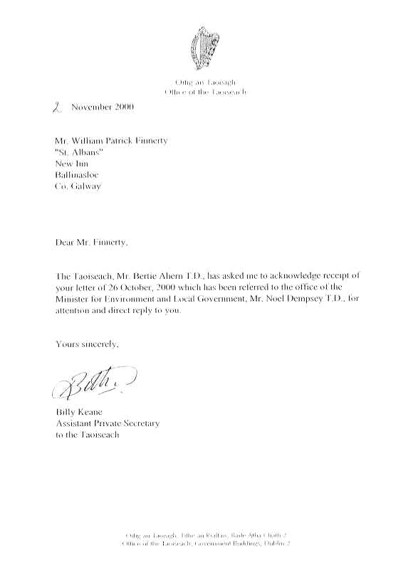 Copy of letter from Prime Minister Ahern's Office dated November 2nd 2000