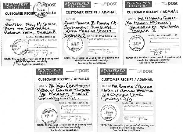 Copies of registration slips for above letters - all posted on December 29th 2000