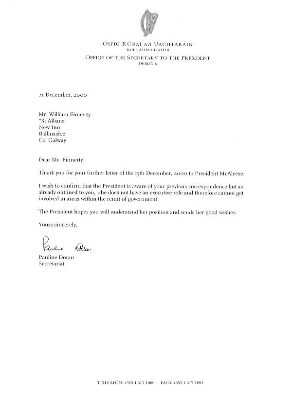 Letter from President McAleese's office