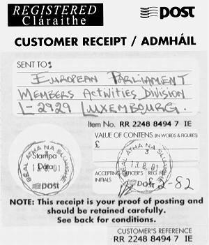 Registered letter receipt date-stamped August 13th 2001 by Post Office in Ballinasloe, County Galway.