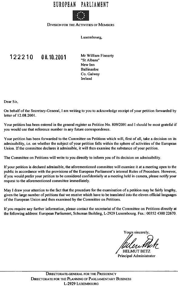 Reply (to petition) from The European Parliament dated October 8th 2001