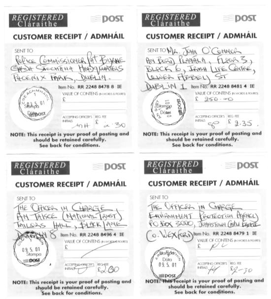 Scanned copies of Post Office receipts for 4 letters containing printed copies of the above e-mail dated May 9th 2001.