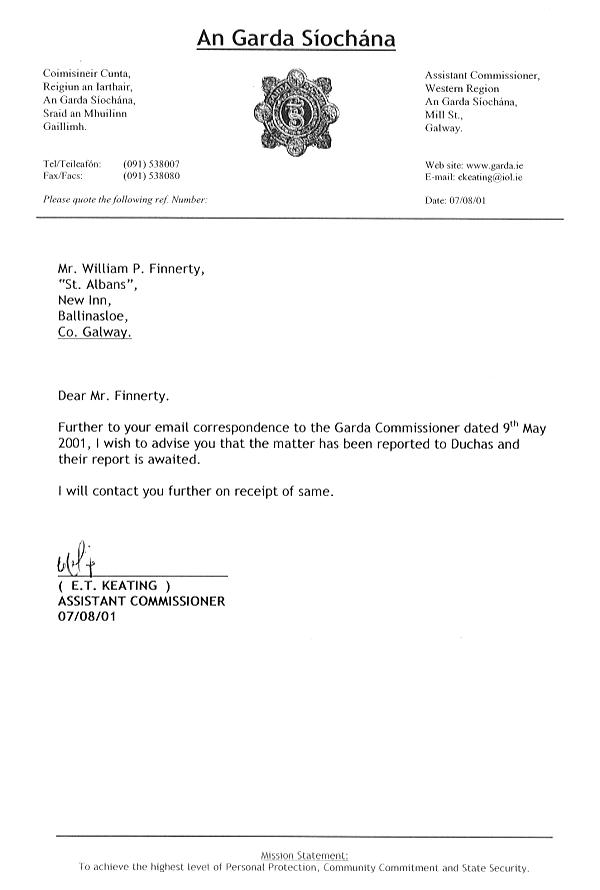 Letter from Assistant Police Commissioner E.T. Keating dated August 7th 2001.